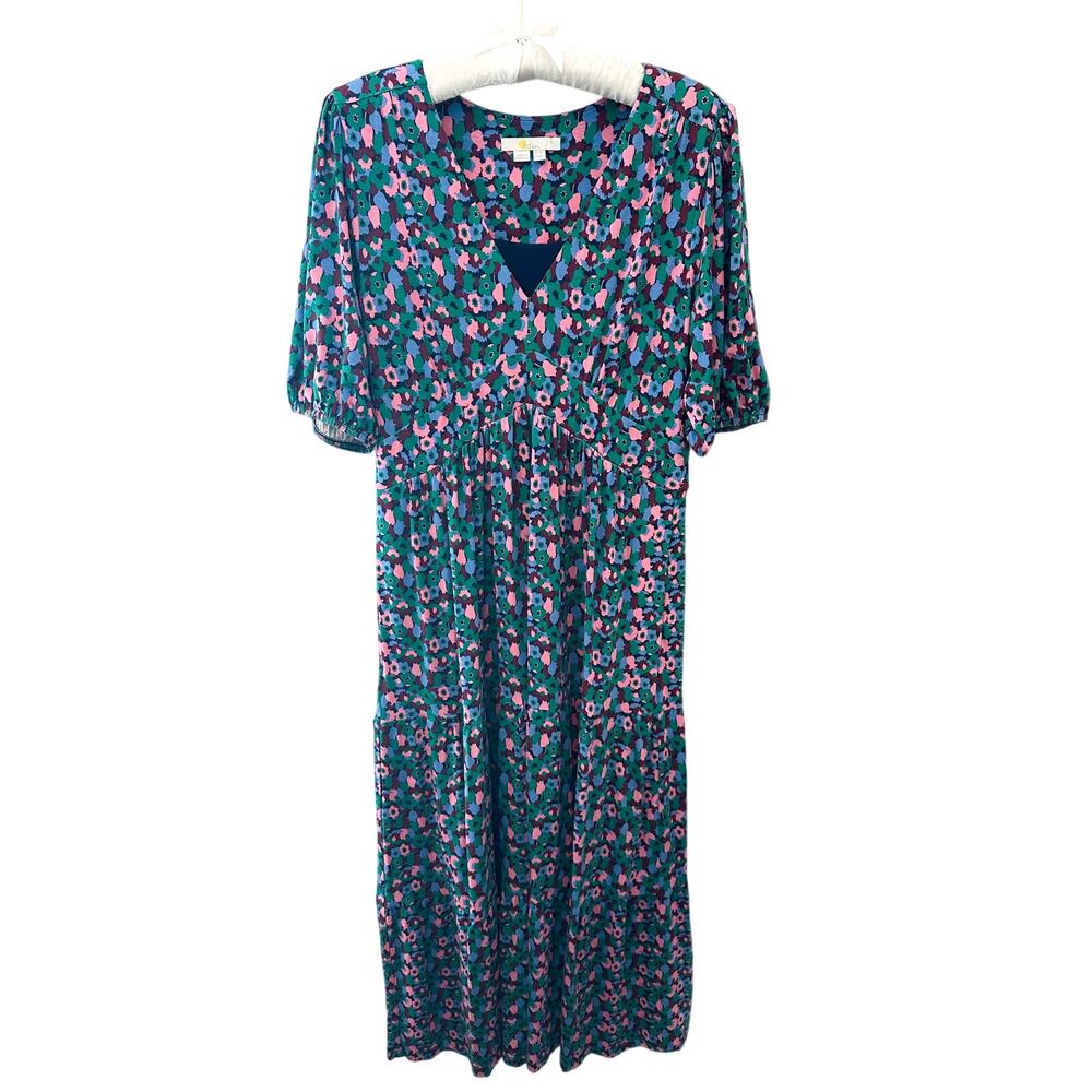 BODEN | Floral Maxi Dress Pink Green Blue V-Neck Puff Sleeve | 8 Petite